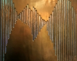 Frequencies, gold, spray paint, beeswax, holographic paper & resin on birch panel, 12” x 12” x 2” $1,500
