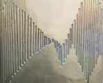 Frequencies, liquid mercury, spray paint, beeswax, holographic paper & resin on birch panel, 12” x 12” x 2” $1,500