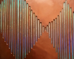 Frequencies, rose gold, spray paint, beeswax, holographic paper & resin on birch panel, 12” x 12” x 2” $1,500