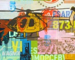 Sky Patrol #13, 2013, 36"x36", acrylic, screen print, spray paint & marker on canvas.